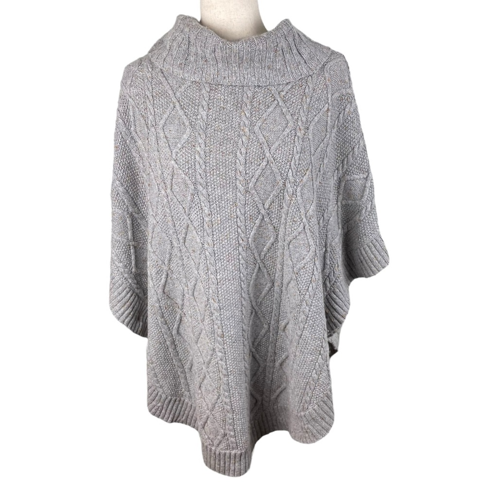 Talbots Grey Cable Knit Cowl Neck Poncho Sweater Size XS Wool Cotton Oversized